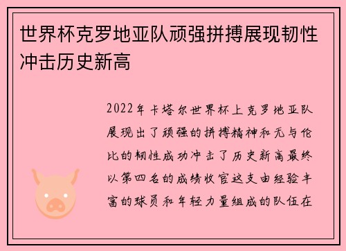 世界杯克罗地亚队顽强拼搏展现韧性冲击历史新高