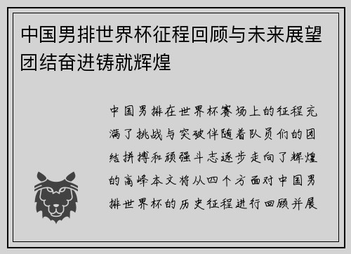 中国男排世界杯征程回顾与未来展望团结奋进铸就辉煌